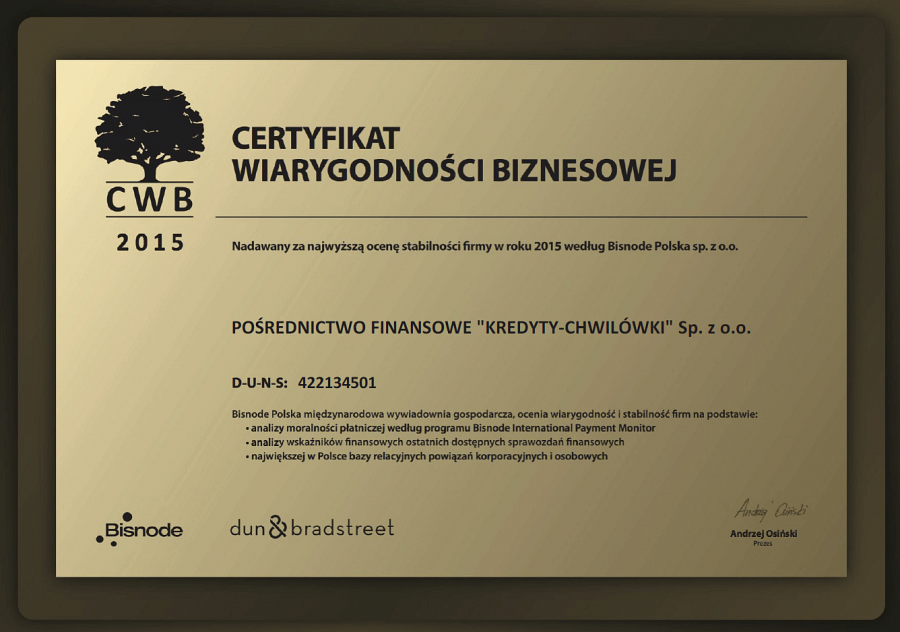 Certyfikat Wiarygodności Biznesowej-KREDYTY-Chwilówki